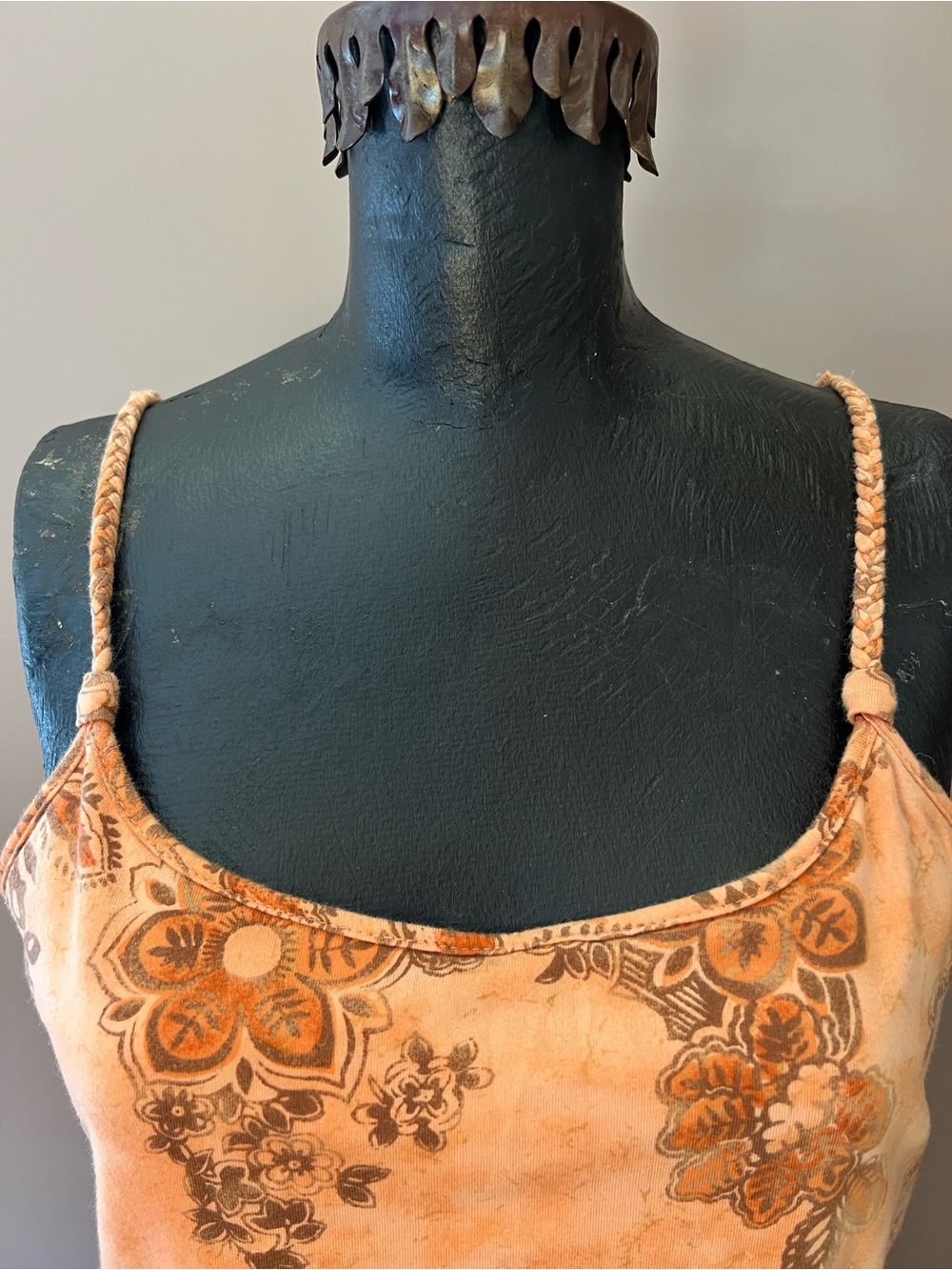 Y2K Faded Glory Orange Paisley Tropical Floral Braided Straps Tank Top Size L - Picture 3 of 10